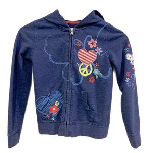 Place Hoodie Girls Medium 7/8 Navy Blue Full Zip Peace Hearts Flowers.